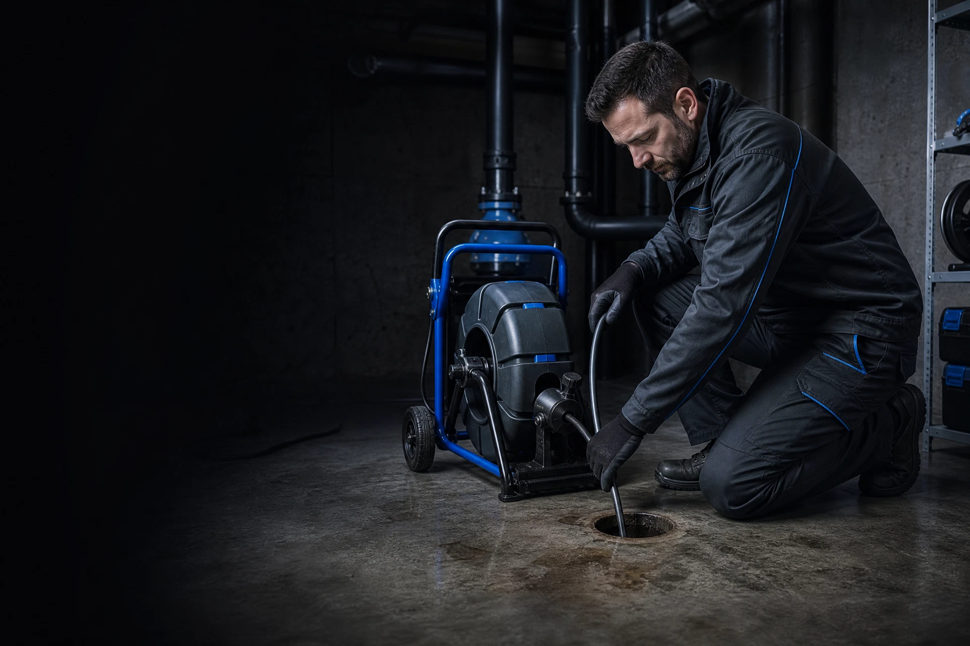 Techniker bei der professionellen Reinigung einer bestehenden Abwasserleitung
